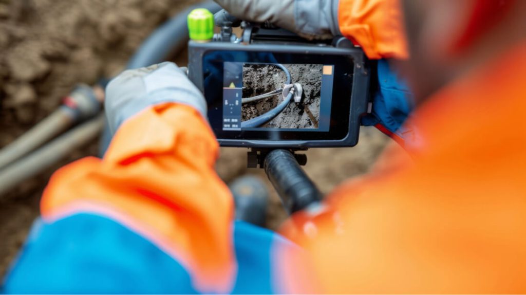 sewer repair technician using scope camera to see inside of pipe