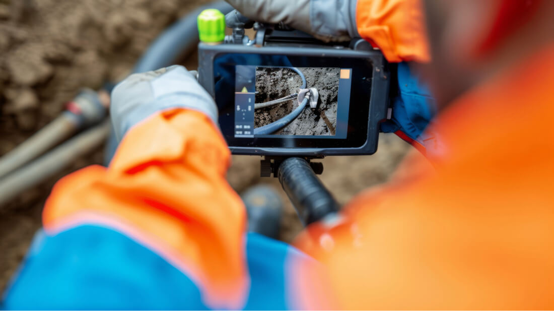 sewer repair technician using scope camera to see inside of pipe